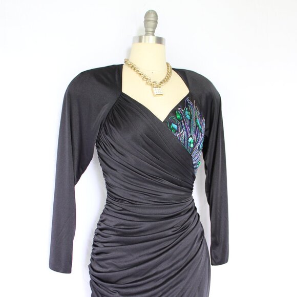 Vintage Abby Kent peacock beaded ruched draped wiggle satin black DISCO dress - Picture 5 of 10